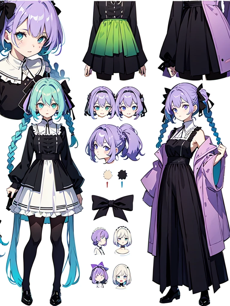 watercolor画, Dressed in maid uniform ,　Mature face,tall, Wearing black tights,Blue Eyes,Updo, Braided Hair,　 The skin is hidden　and gradient hair, (Ink blotches:1.1), (pale:1.2),(Light purple:1.2),(Green/Black:1.2), I was wearing long pants,cool,Dressed in a black robe, Toned body, one big woman, Nervous,Cowboy Shot, sketch (Character design sheet, same characters, whole body, Three-View, front, ~ ~ ~ side, return),(Very bright:1.1), White Background, [1 Girl:7], (Tilt your head:1.2), ([sketch|watercolor \(Moderate\)]:1.15),Chaotic Abstract Background, Vector Trace, Gradient Blending, Bright colors, that&#39;wonderful, Very detailed, Complex, (Very low contrast:1.4）