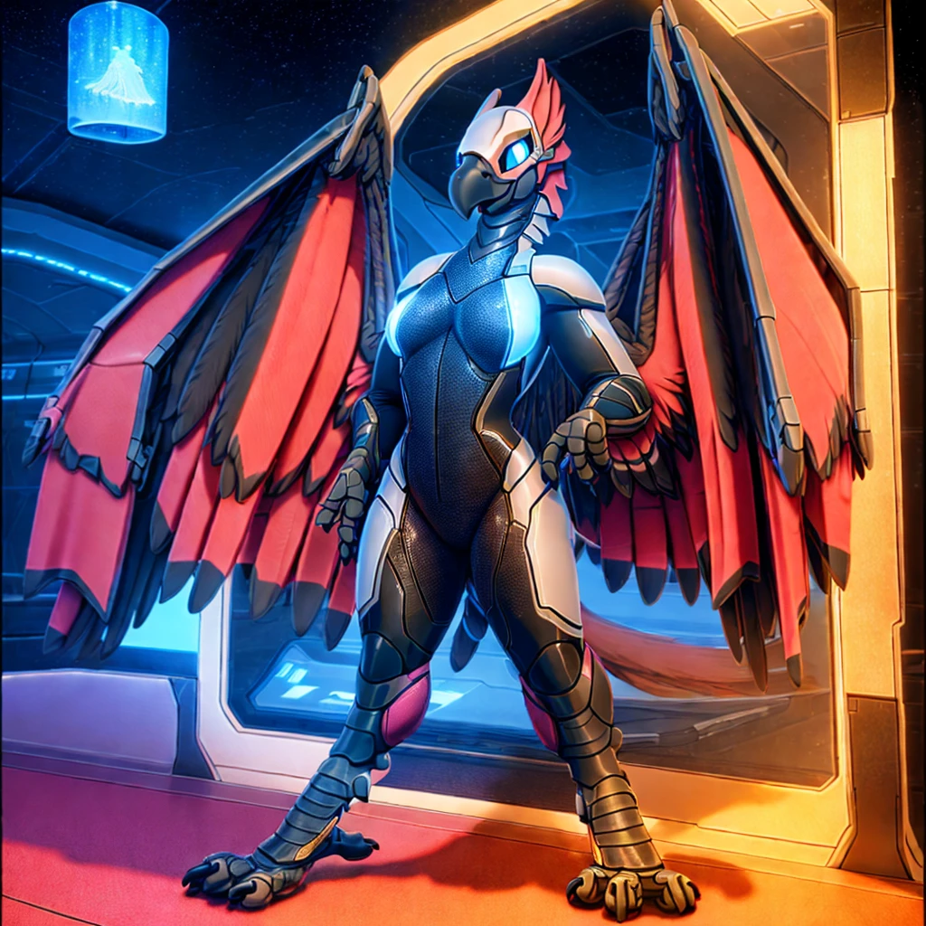 (masterpiece:1.2), best quality, (detailed warm ambient lighting), (cinematic lighting), (high resolution), furry commission, perfect anatomy, (female anthro synth), (gryphon, avian), soft, curvy, medium breasts, science fiction, (detailed background), solo female, elegant, wings on back, (beautiful), standing, friendly, shiny, black, glowing, digitigrade