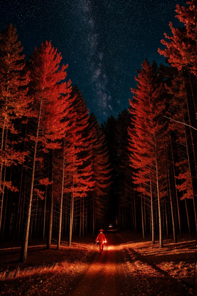 Create a portrait of a boy dressed in red walking on fire in a forest that is at night and there are many stars in the sky