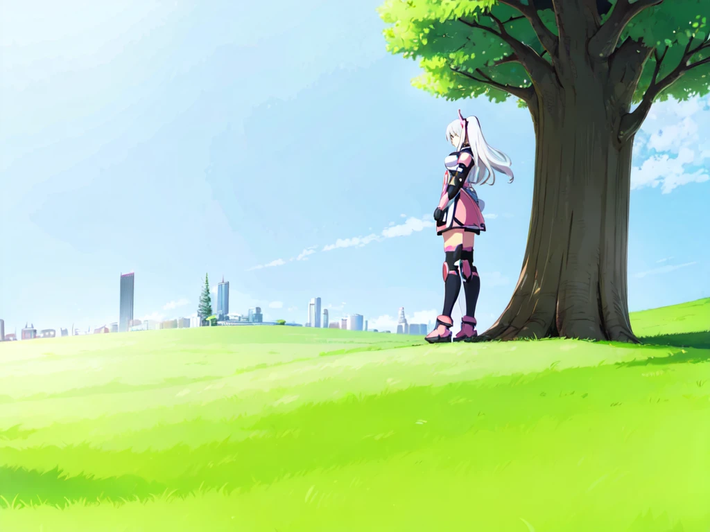 1girl, mecha musume, pink and black armor, light armor, standing, gray hair, big tree, bush, uphill, blue sky, city from a far,