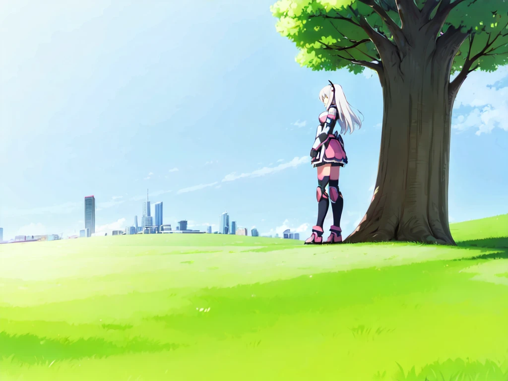 1girl, mecha musume, pink and black armor, light armor, standing, gray hair, big tree, bush, uphill, blue sky, city from a far,