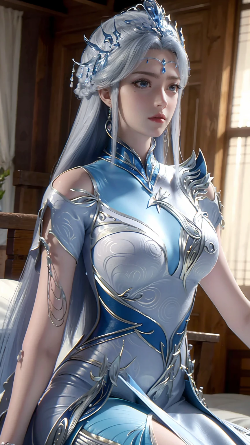 a beautiful young woman with long hair, wearing a nightgown, sitting on a bed, barefoot, in a dress, lying on her side, cross-legged, full body shot, (best quality,4K,8K,highres,masterpiece:1.2),ultra-detailed,(realistic,photorealistic,photo-realistic:1.37),beautiful detailed eyes,beautiful detailed lips,extremely detailed eyes and face,longeyelashes,natural lighting,warm tones,soft focus,portraits,clair obscur,depth of field,Wet all over,Water Magic,Wet,(Silver long hair),(Blue Eyes),Gauze on body