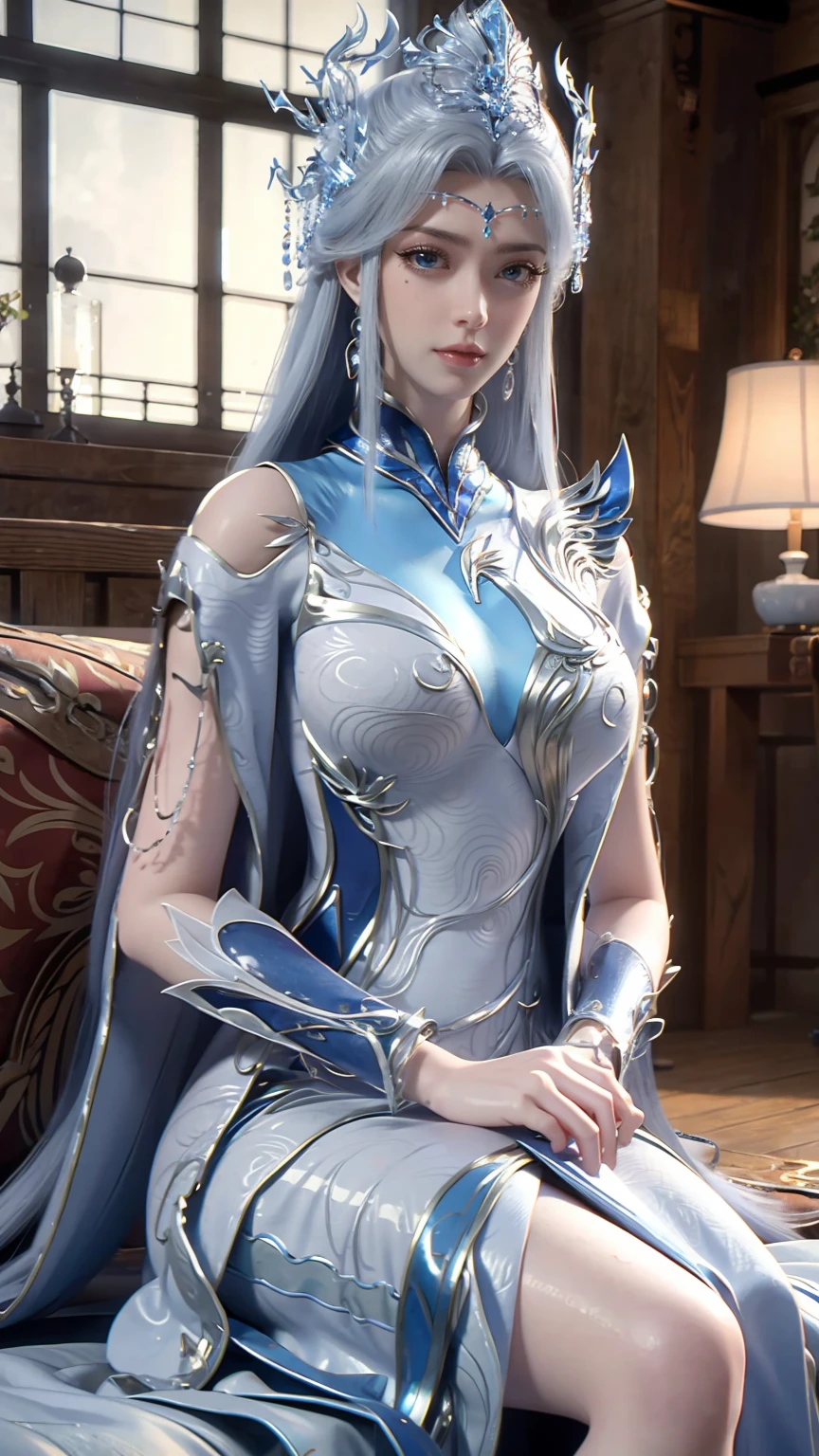a beautiful young woman with long hair, wearing a nightgown, sitting on a bed, barefoot, in a dress, lying on her side, cross-legged, full body shot, (best quality,4K,8K,highres,masterpiece:1.2),ultra-detailed,(realistic,photorealistic,photo-realistic:1.37),beautiful detailed eyes,beautiful detailed lips,extremely detailed eyes and face,longeyelashes,natural lighting,warm tones,soft focus,portraits,clair obscur,depth of field,Wet all over,Water Magic,Wet,(Silver long hair),(Blue Eyes),Gauze on body
