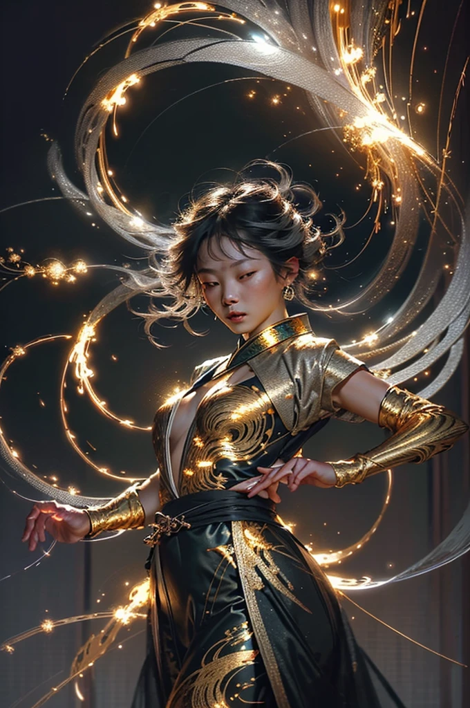 best quality,masterpiece,Ultra-high resolution,Solitary,1 Girl, ,roujinzhi,Chinese Zen style,impactful picture,translucent and glowing metallic patterns,(Glowing metal objects hovered in the air and surrounded him:1.2),(Electric arcs and sparks:1.2),(Energy Flow:1.2),(translucent magnetic lines:1.2),(Gold, silver and glittering light effects:1.2),male