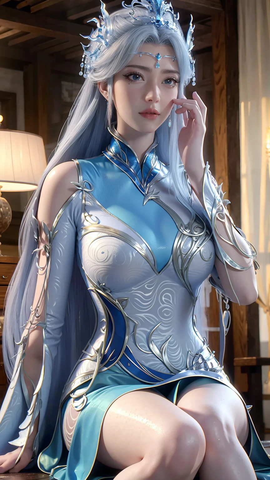 
A beautiful young woman，Long hair，Wearing pajamas，Sitting on the bed，barefoot，Wearing a dress，Side-lying，Cross-legged，Full body shot，(Best picture quality，4K,8K，high-definition，excellent work:1.2)，Ultra Detail，(Realistic，Realistic，Realistic:1.37)，Delicate eyes，Delicate lips，Extremely detailed face and eyes，Long eyelashes，Natural light，Warm colors，Soft Focus，portrait，Chiaroscuro，Deep scene，Jade Hands，Clear fingers，Wet all over，Water Magic，Wet，（银白色Long hair），（Blue Eyes），Gauze on body