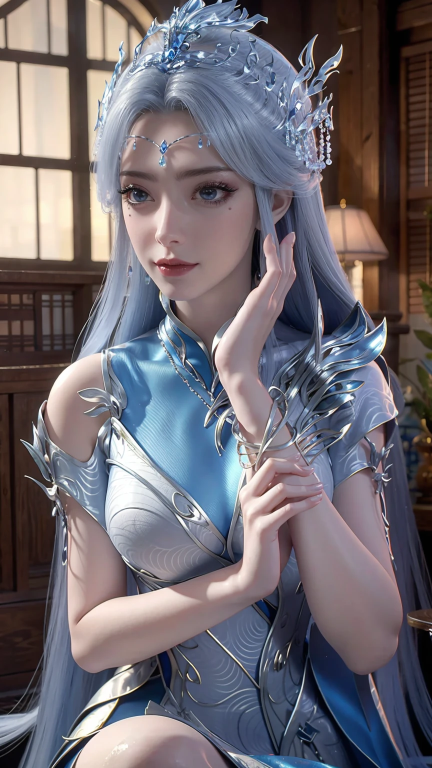 A beautiful young woman,Long hair,Wearing pajamas,Sitting on the bed,barefoot,Wearing a dress,Side-lying,Cross-legged,Full body shot,(Best picture quality,4K,8K,high-definition,excellent work:1.2),Ultra Detail,(Realistic,Realistic,Realistic:1.37),Delicate eyes,Delicate lips,Extremely detailed face and eyes,Long eyelashes,Natural light,Warm colors,Soft Focus,portrait,Chiaroscuro,Deep scene,Jade Hands,Clear fingers,Wet all over,Water Magic,Wet,(银白色Long hair),(Blue Eyes),Gauze on body