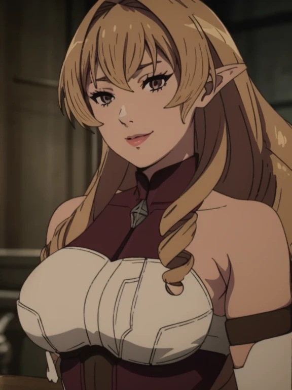 Best quality, masterpiece, ultra high res, 1girl, sexy, in the dark, deep shadow, low key, cold light, milf, blonde hair, dynamic light, cinematic lighting, cinematic lighting, down blouse, mature woman, middle parted hair, natural breast, upper body, milf, elinalise, seductive smile,