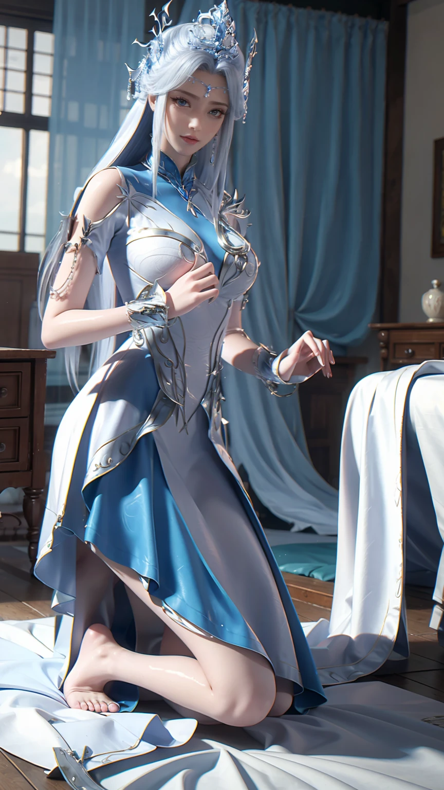 best quality,masterpiece,The Ultimate Solution,Fluffy,Extremely colorful,Mature beautiful woman,(Dress school uniform),Lace skirt,(Beautiful woman beheaded),Normal posture,(Kneeling),Kneeling on the bed,shackles,Beheading,collar,White stockings ,barefoot,Normal posture,Wet all over,Water Magic,Wet,(Silver long hair),(Blue Eyes),Gauze on body