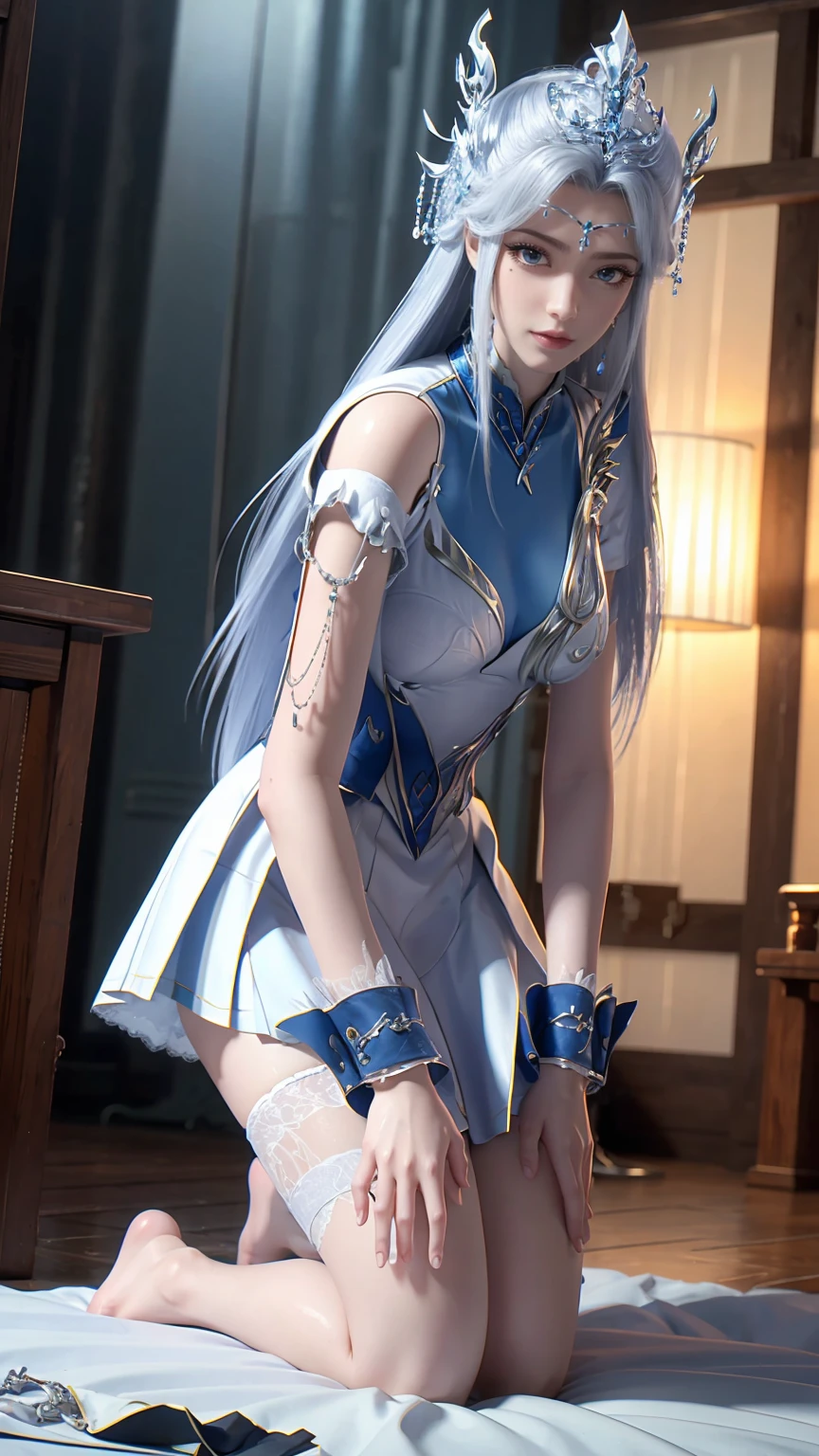 best quality,masterpiece,The Ultimate Solution,Fluffy,Extremely colorful,Mature beautiful woman,(Dress school uniform),Lace skirt,(Beautiful woman beheaded),Normal posture,(Kneeling),Kneeling on the bed,shackles,Beheading,collar,White stockings ,barefoot,Normal posture,Wet all over,Water Magic,Wet,(Silver long hair),(Blue Eyes),Gauze on body