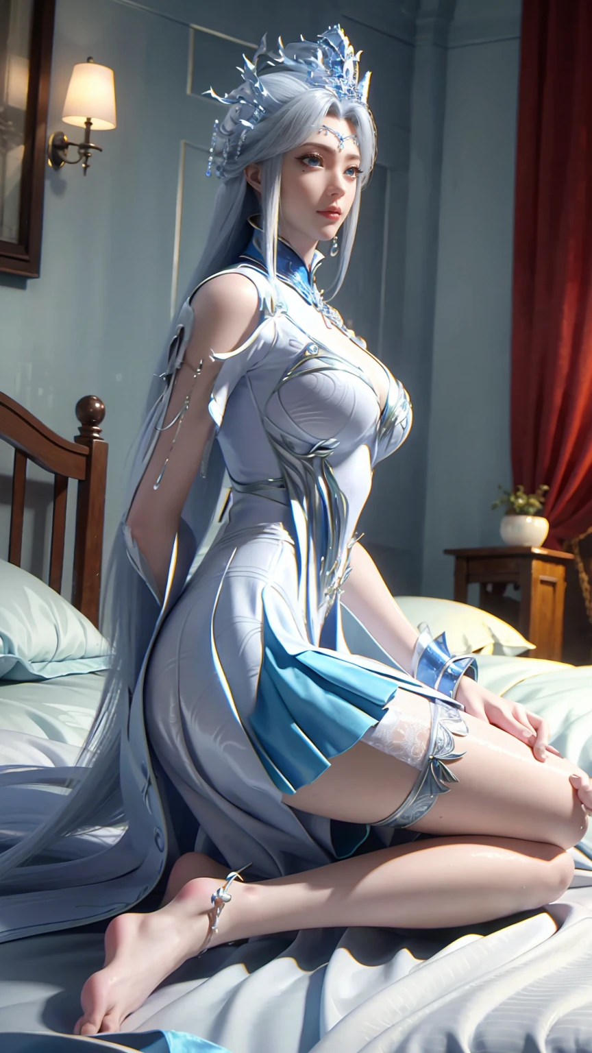 best quality,masterpiece,The Ultimate Solution,Fluffy,Extremely colorful,Mature beautiful woman,(Dress school uniform),Lace skirt,(Beautiful woman beheaded),Normal posture,(Kneeling),Kneeling on the bed,shackles,Beheading,collar,White stockings ,barefoot,Normal posture,Wet all over,Water Magic,Wet,(Silver long hair),(Blue Eyes),Gauze on body