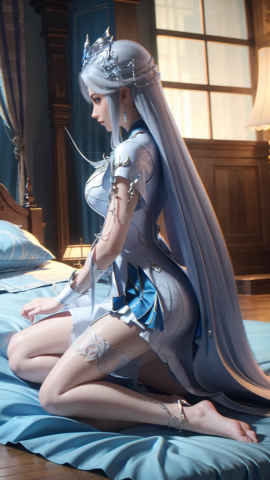 best quality,masterpiece,The Ultimate Solution,Fluffy,Extremely colorful,Mature beautiful woman,(Dress school uniform),Lace skirt,(Beautiful woman beheaded),Normal posture,(Kneeling),Kneeling on the bed,shackles,Beheading,collar,White stockings ,barefoot,Normal posture,Wet all over,Water Magic,Wet,(Silver long hair),(Blue Eyes),Gauze on body