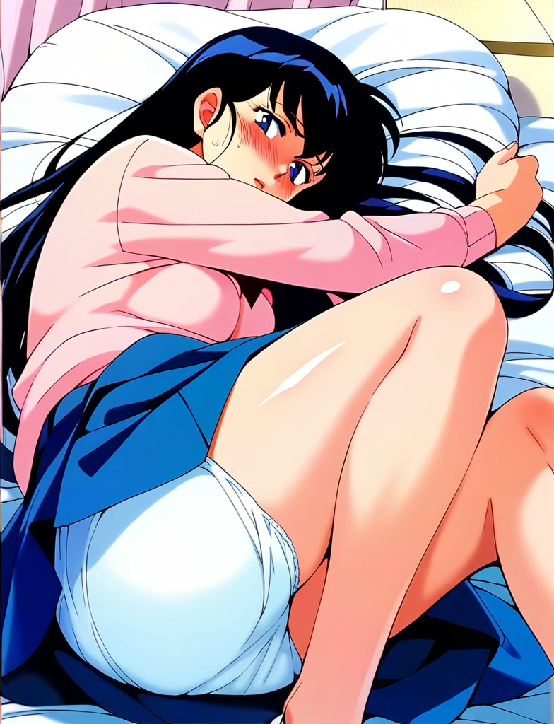 ,Kyoko,score_9,score_8_superior,score_7_superior,sauce_anime,One girl,alone,Distract from the viewer、Hospital bed、Lying down、Pink Sweater,White collared shirt,length_skirt,blue skirt,Embarrassing、捲れたskirt、Panties、Covered in semen、