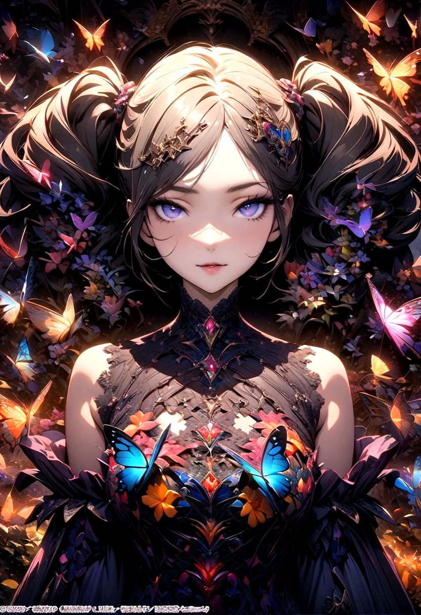 (masterpiece, Top quality, best quality, Official Art, beautiful and aesthetic:1.2), (1 Girl), twintails, Extremely detailed,(Fractal Art:1.3),rich and colorful,The most detailed,Upper Body, [Lace],[Jewelry],[flower],[[Butterfly]],