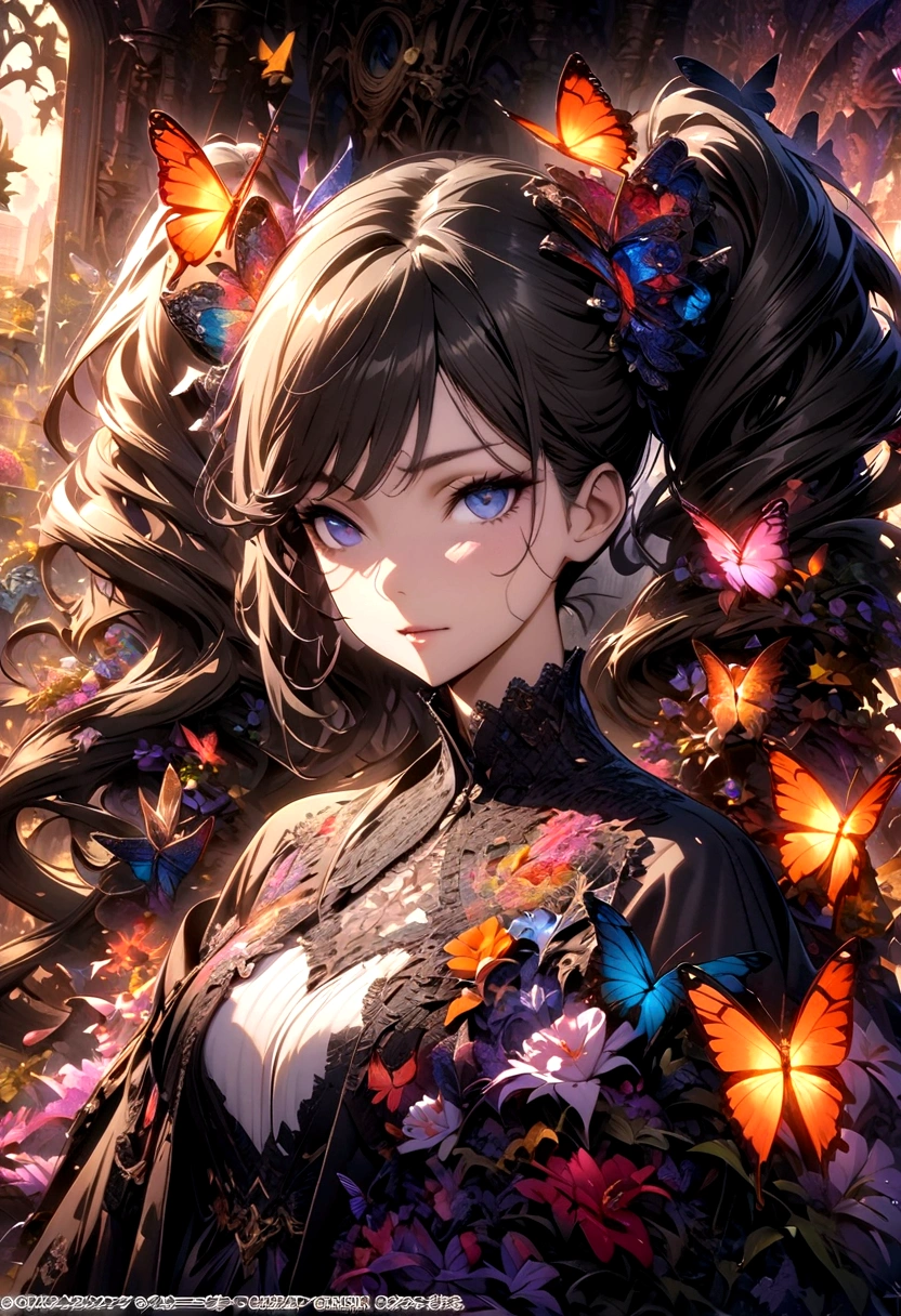 (masterpiece, Top quality, best quality, Official Art, beautiful and aesthetic:1.2), (1 Girl), twintails, Extremely detailed,(Fractal Art:1.3),rich and colorful,The most detailed,Upper Body, [Lace],[Jewelry],[flower],[[Butterfly]],