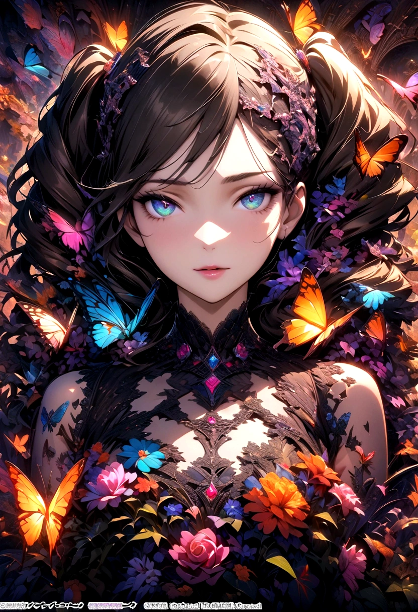 (masterpiece, Top quality, best quality, Official Art, beautiful and aesthetic:1.2), (1 Girl), twintails, Extremely detailed,(Fractal Art:1.3),rich and colorful,The most detailed,Upper Body, [Lace],[Jewelry],[flower],[[Butterfly]],