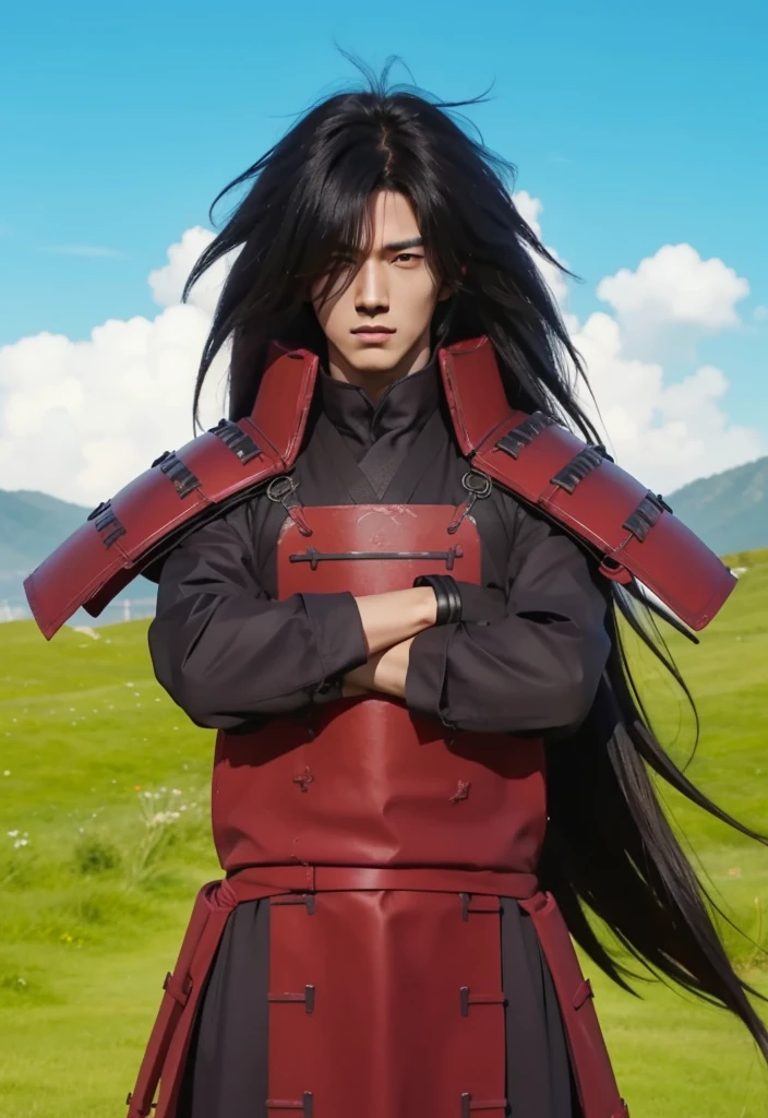 Real life adaption of this character,his name is Madara uchiha from anime Naruto,Korean adult handsome face,realistic long messy hair,realistic outfit with red iron armor like samurai,realistic light,realistic shadow,realistic background,(photorealistic:1.2)