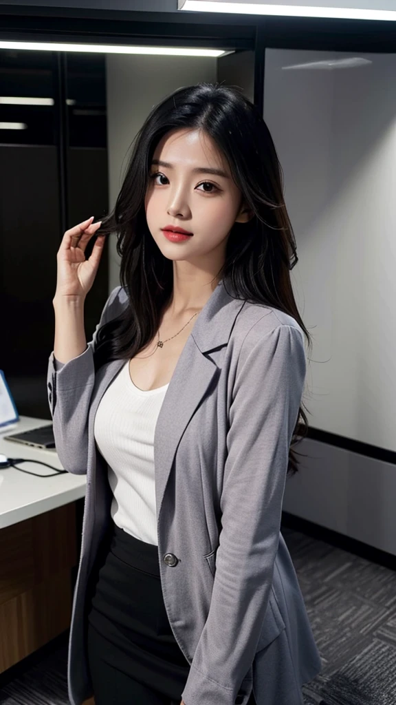 one girl,Beutiful women, In the office district,During the day,Office casual clothes,Long Hair,Black hair color