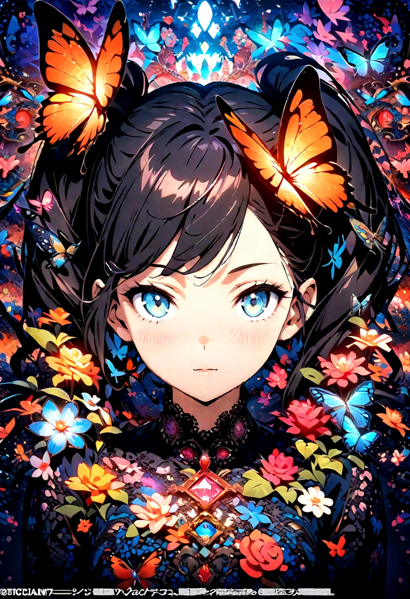 (masterpiece, Top quality, best quality, Official Art, beautiful and aesthetic:1.2), (1 Girl), twintails, Extremely detailed,(Fractal Art:1.3),rich and colorful,The most detailed,Upper Body, [Lace],[Jewelry],[flower],[[Butterfly]],