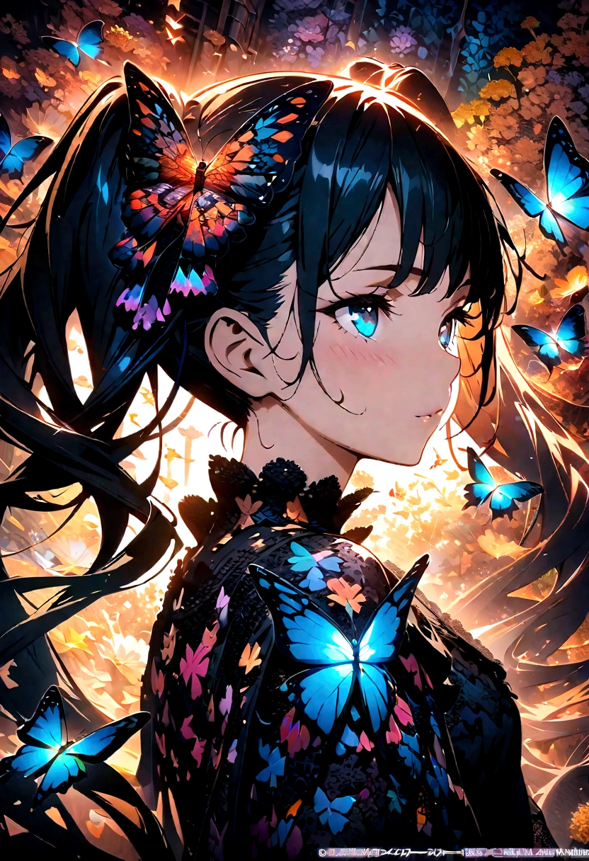 (masterpiece, Top quality, best quality, Official Art, beautiful and aesthetic:1.2), (1 Girl), twintails, Extremely detailed,(Fractal Art:1.3),rich and colorful,The most detailed,Upper Body, [Lace],[Jewelry],[flower],[[Butterfly]],