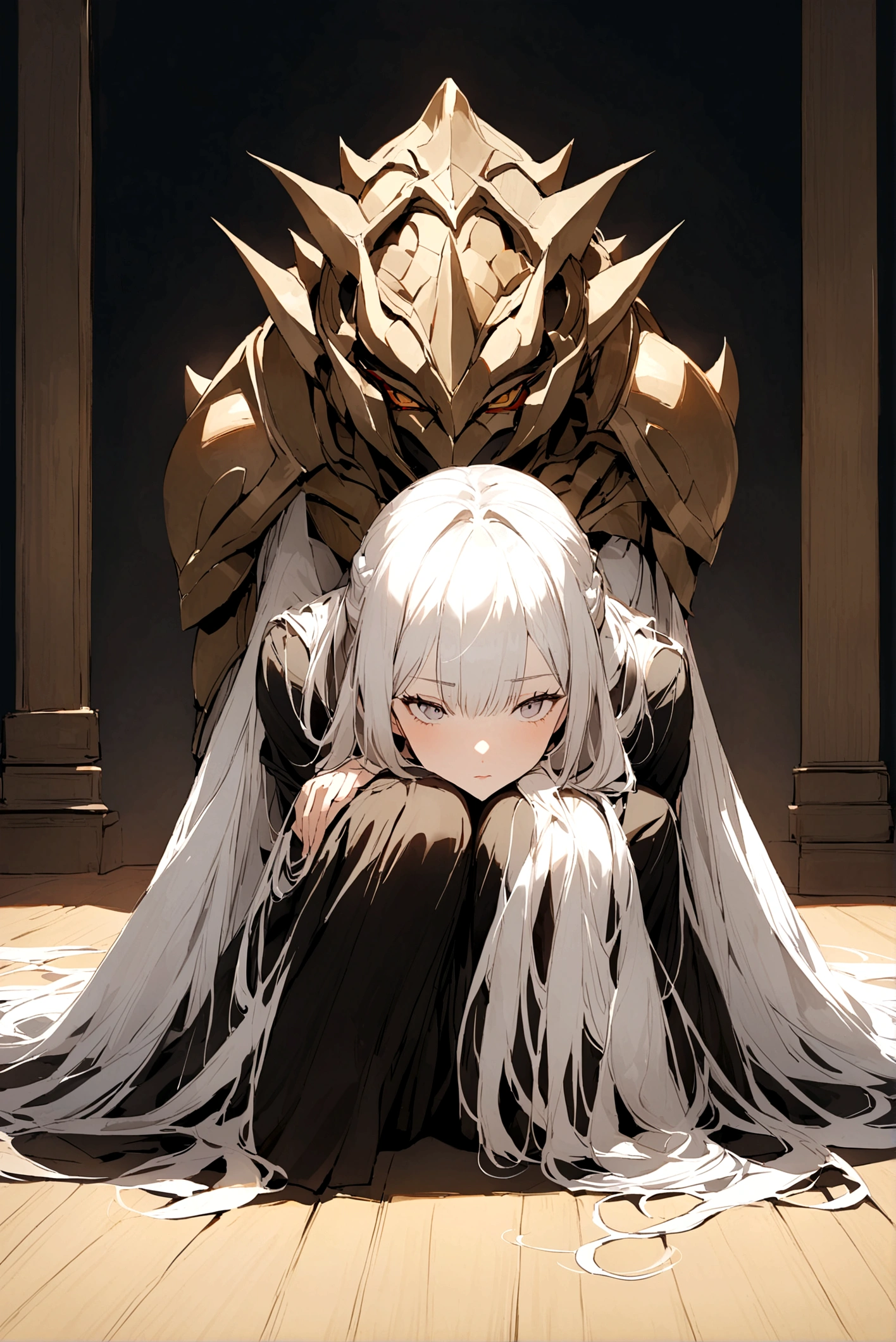 White-haired girl，Sit on the floor，Legs arched，Head on knees