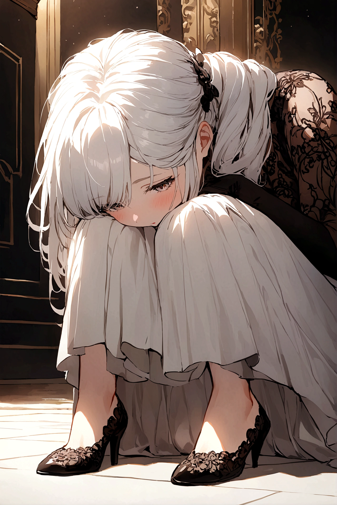 White-haired girl，Sit on the floor，Legs arched，Head on knees