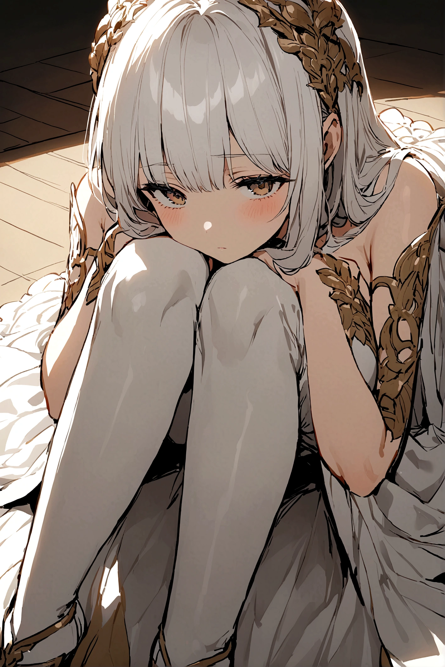 White-haired girl,Sit on the floor,Legs arched,Head on knees