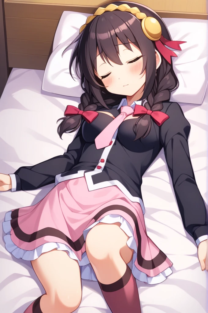 alone, One girl, Crown braids in the same color as your hair, hair ornaments, Hair Ribbon, Pink tie, Black long sleeve, Pink Skirt, Knee socks, Cleavage, bed、Black Hair、(Sleeping comfortably with both eyes closed:1.5)、(blush)、Sleeping with legs stretched out