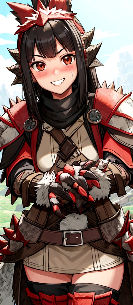 ((monsterhunter)), looking the viewer, solo, girl, shy, red cheek, bashful, embarrassed, smiling, happy, perfect face, muscular, long hair, beautiful eye, upper body