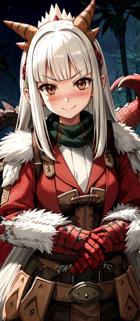 ((monsterhunter)), looking the viewer, solo, girl, shy, red cheek, bashful, embarrassed, smiling, happy, perfect face, muscular,  long hair, beautiful eye, upper body
