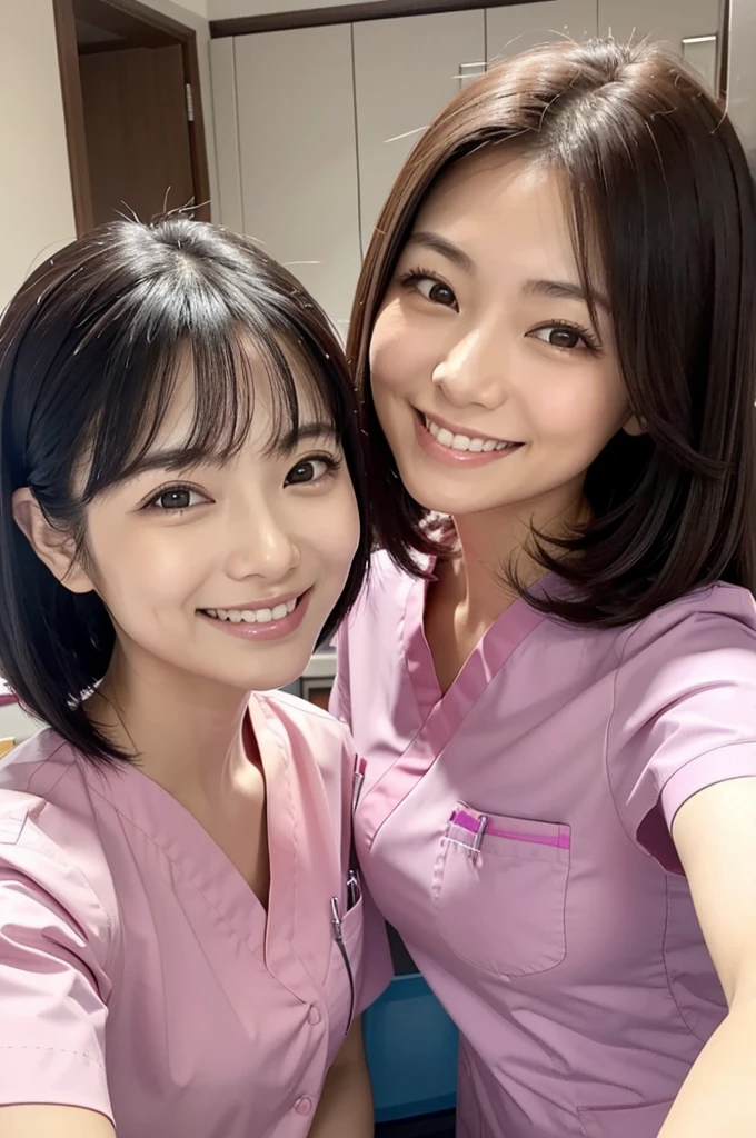 Dental hygienist, only two women Side by side, smiling, wearing pink medical scrubs Pink short sleeves, cute, Japanese, black hair, early 20s female Upper body close-up high resolution Highest quality Don't press your face too much