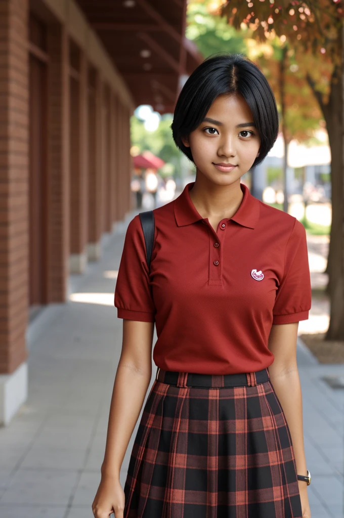 Tan-skinned student, with big eye lenses, height 150 cm, short shoulder length black hair, dressed in a cherry-colored skirt with light brown plaid, and a cherry colored polo shirt