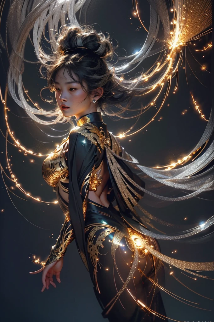 best quality,masterpiece,Ultra-high resolution,Solitary,1 Girl, ,roujinzhi,Chinese Zen style,impactful picture,translucent and glowing metallic patterns,(Glowing metal objects hovered in the air and surrounded him:1.2),(Electric arcs and sparks:1.2),(Energy Flow:1.2),(translucent magnetic lines:1.2),(Gold, silver and glittering light effects:1.2),Video，whole body