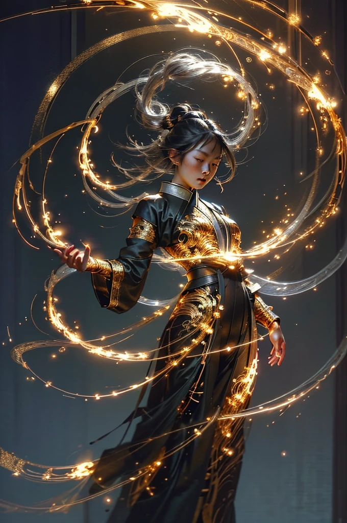 best quality,masterpiece,Ultra-high resolution,Solitary,1 Girl, ,roujinzhi,Chinese Zen style,impactful picture,translucent and glowing metallic patterns,(Glowing metal objects hovered in the air and surrounded him:1.2),(Electric arcs and sparks:1.2),(Energy Flow:1.2),(translucent magnetic lines:1.2),(Gold, silver and glittering light effects:1.2),Video,whole body