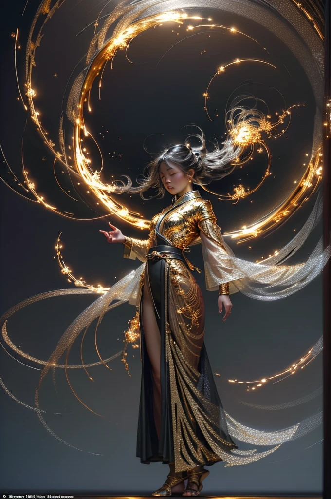 best quality,masterpiece,Ultra-high resolution,Solitary,1 Girl, ,roujinzhi,Chinese Zen style,impactful picture,translucent and glowing metallic patterns,(Glowing metal objects hovered in the air and surrounded him:1.2),(Electric arcs and sparks:1.2),(Energy Flow:1.2),(translucent magnetic lines:1.2),(Gold, silver and glittering light effects:1.2),Video,whole body