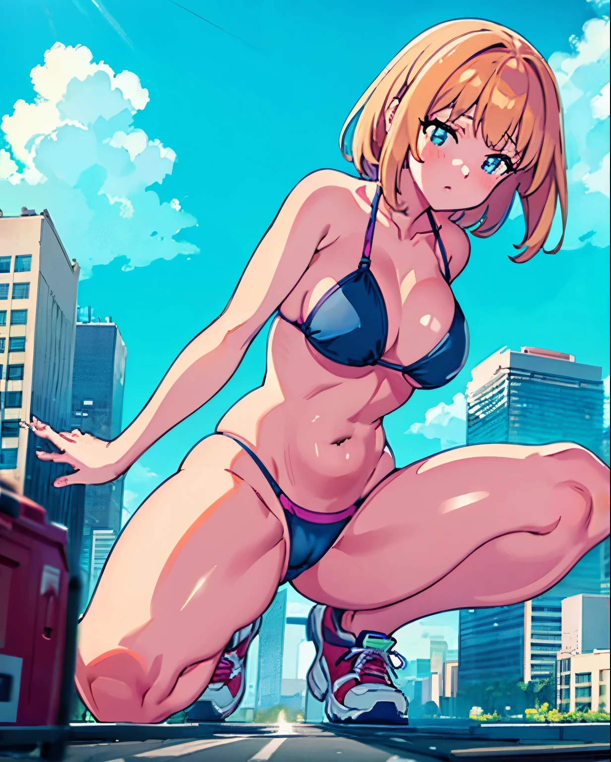 90's　giant girl on the road of the big city girl in bikini swimsuit female giant giant girl Whole body sneakers　 Destroyed skyscrapers Destroyed cars Crowd Unreal Engine, ,anmnr,giantess,giant girl,Big city, valley between buildings, h
