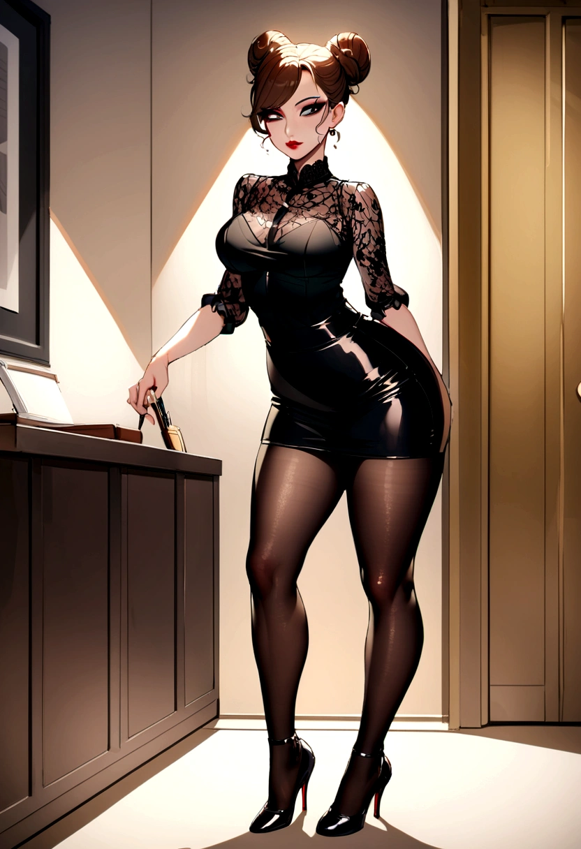 elegant office woman in tight formfitting black ruched pencil skirt, lace blouse, pantyhose, elegant high heels, elegant hairbun, red lipstick, dark eyeshadow, brunette, Italian beauty, snobbish expression, round hips,