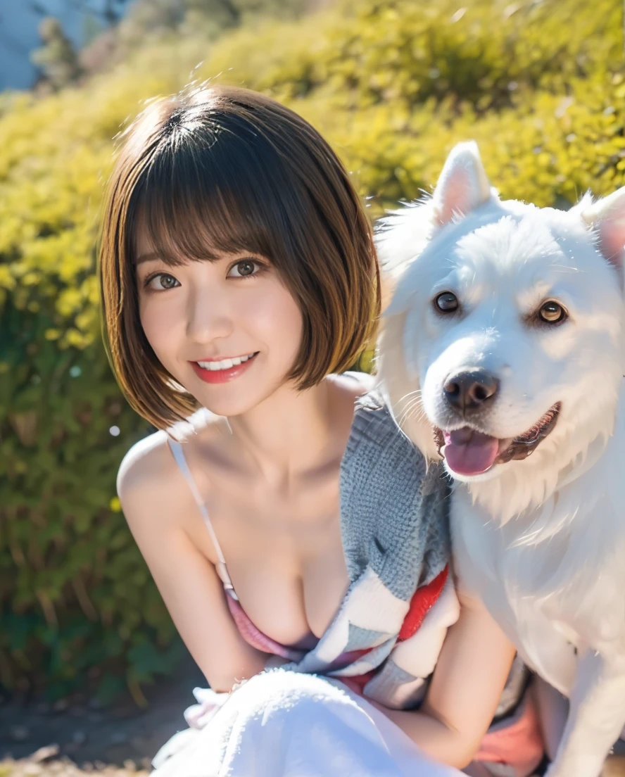Being with a dog、A girl and a dog warming themselves by a bonfire、Lens flare、Hair blowing in the wind、Medium Short Hair、、Expressing the whiteness of one's breath、Photo from the waist up、Night city illumination shot、Cowgirl Shot、Fur coat、豪華なグレーのミンクのFur coat、Wear fine leather boots、Luxury Bags、Inner turtleneck、Silver necklace and small silver earrings Millionaire style:1.4))、Full body photo、smile、 Caustics、Highly detailed photos、Very beautiful woman 、Ample breasts、No makeup、(8K、RAW Photos、Highest quality、masterpiece:1.2)、(Realistic、Realistic)、1 Girl、((Medium Short Hair、Midwinter、Cold region Snow falling、The wind is blowing、Fluttering Hair、Blur the background、Colorful illuminations、Looking into the camera:1.4))、