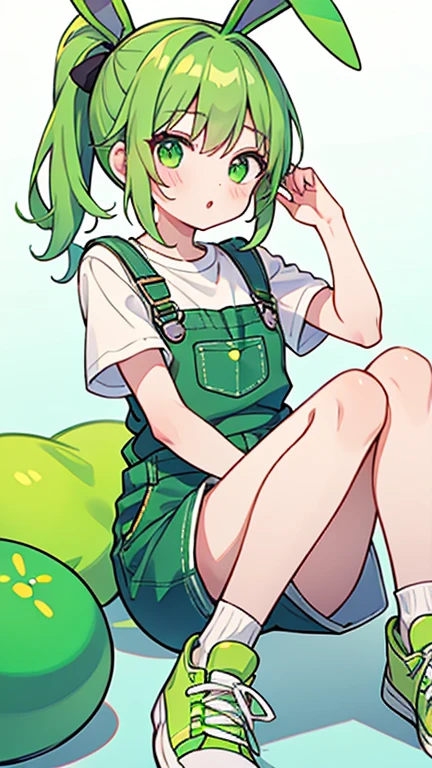 one girl,green ponytail,green eyes,green bunny ears,white short sleeve tee,green overalls shorts,white socks,green sneakers