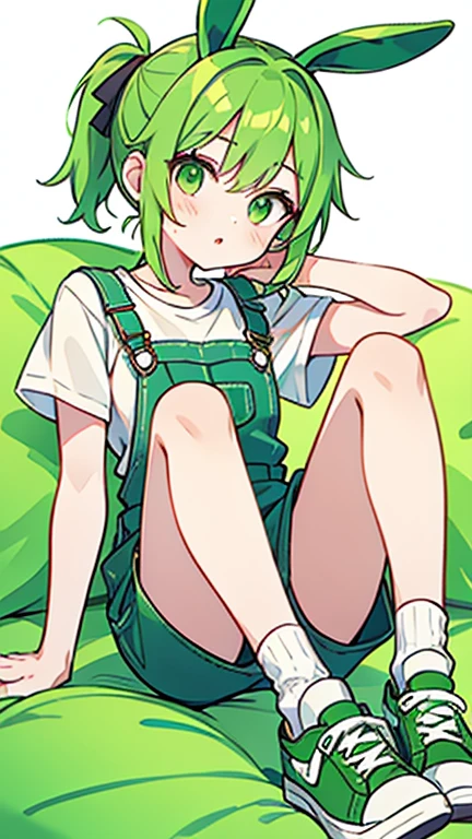 one girl,green ponytail,green eyes,green bunny ears,white short sleeve tee,green overalls shorts,white socks,green sneakers