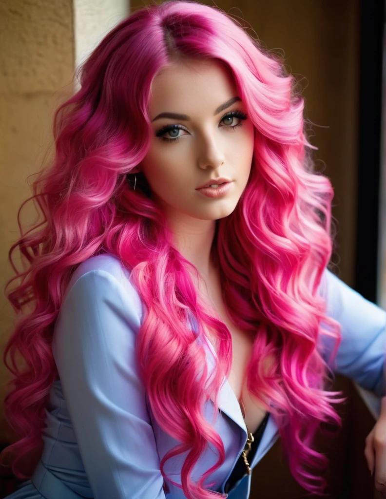 very attractive 25 year old girl with long wavy bright pink hair, dressed in outfit suitable for playboy magazine, photo quality