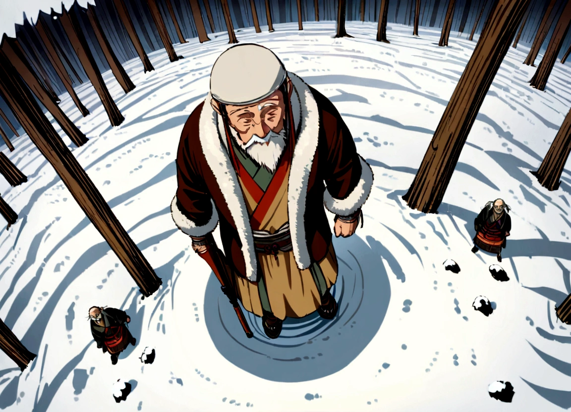 In the snowy forests of ancient Japan, an old hunter dressed in fur clothes1People standing,elder,((Matagi)),Old-fashioned clothing,Bird's-eye view,Overhead looking down angle,(Hunting rifle),coir,Composition looking down,