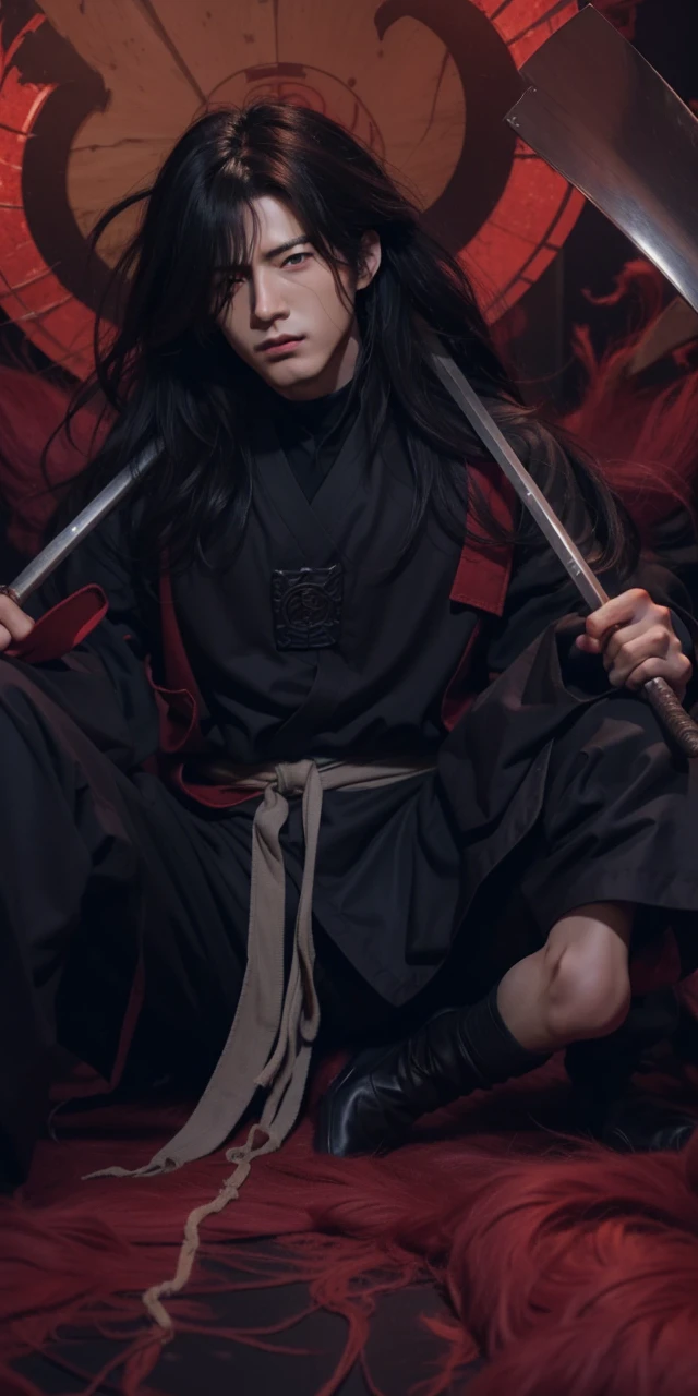 Real life adaption of this character,his name is Madara uchiha from anime Naruto,Korean adult handsome face,realistic long messy hair,realistic outfit with red iron armor like samurai,realistic light,realistic shadow,realistic background,(photorealistic:1.2)