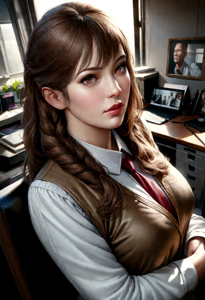 detailed shiny skin, (realistic, photo-realistic:1.4), a pretty girl, standing, looking out of window, white shirt, collared shirt, black necktie, black trousers, long sleeves, slight smile (nose blush), yellow eyes + ringed eyes, short hair + red hair + long braided hair, makima \(chainsaw man\)