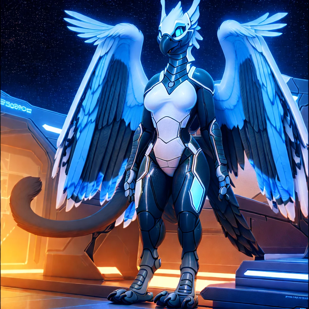 (masterpiece:1.2), best quality, (detailed warm ambient lighting), (cinematic lighting), (high resolution), furry commission, perfect anatomy, (female anthro synth), (gryphon, avian), soft, curvy, medium breasts, science fiction, (detailed background), solo female, elegant, wings on back, (beautiful), standing, friendly, shiny, black, glowing, digitigrade, 3d