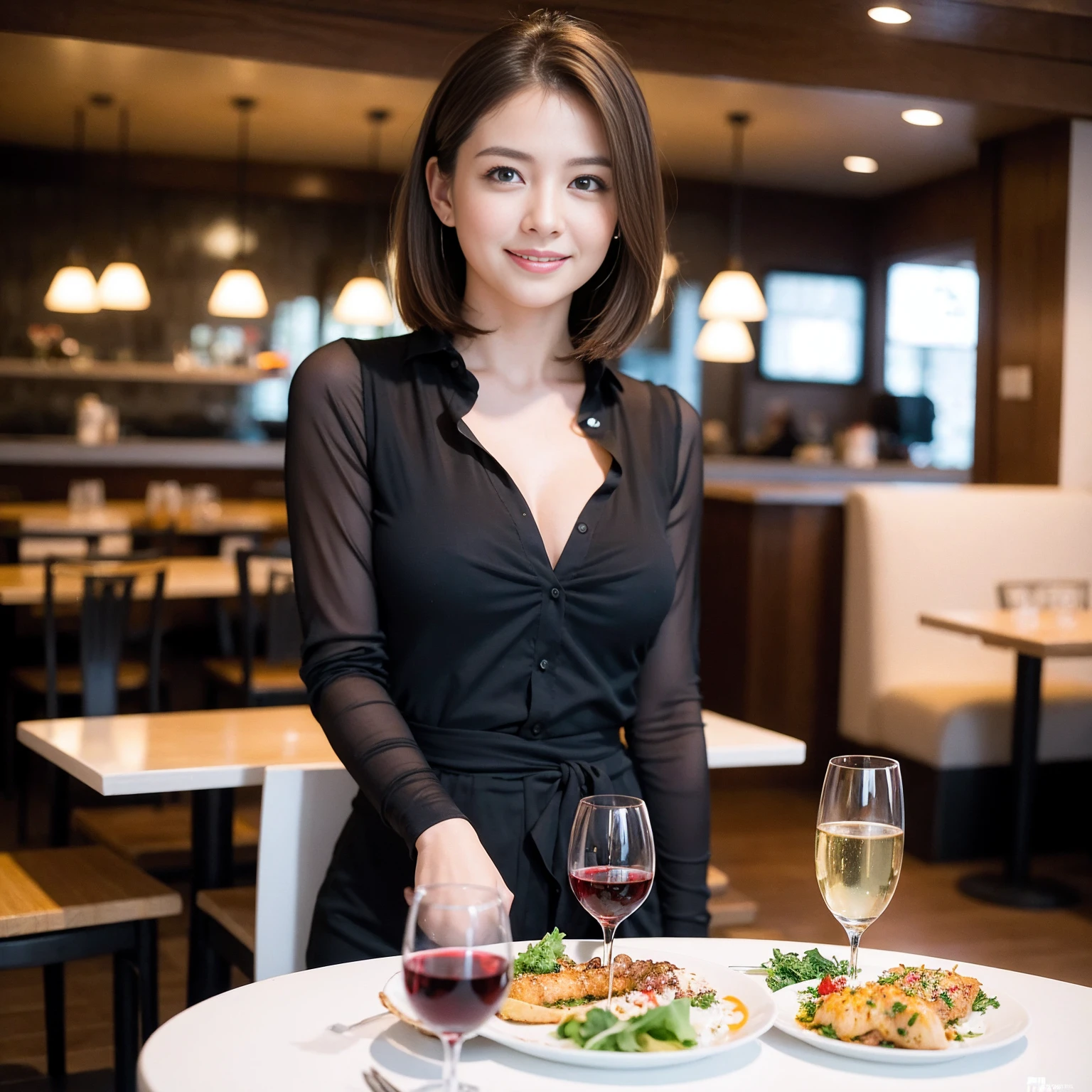 ((Highest quality、8K、masterpiece:1.3))、Yuuko Araki、slimカップル、Pink rubber、modelカップル、(Realistic, Intricate details:1.2), full-course dinner、Wine Party、Amazing view of the sunset sky and clouds、A bright smile、The wonderfulness of smile、Bright image、The beauty of wine, Beautiful Face, blue eyes, The light shines on your face, Blushing, short hair,Bright Face、 (Age 37), 39 years old, red wine 、Appetizers、Italian food、Wine bottle、Champagne、sparkling wine、Two beauties、Brown Hair、Shortcuts、Long sleeve shirt、dress、Beautiful woman 1, (slimな顔), (The body is slim), (Brown Hair), (Shortcuts), cheeks turn a little red,Attractive beauty、restaurant, In a prominent place (From the waist up) Nova Frog Style, actress, model, Upper Body, White wine, slim, wine glass, 中央に置かれたwine glass, smile, (smile: 1.15), Beautiful fine grain, Depth f/2,saturation, High Contrast, Strong light and shadow,Moist Body:1.5、3D texture、Delicate eyes、Brown Hair、The hair is very shiny、