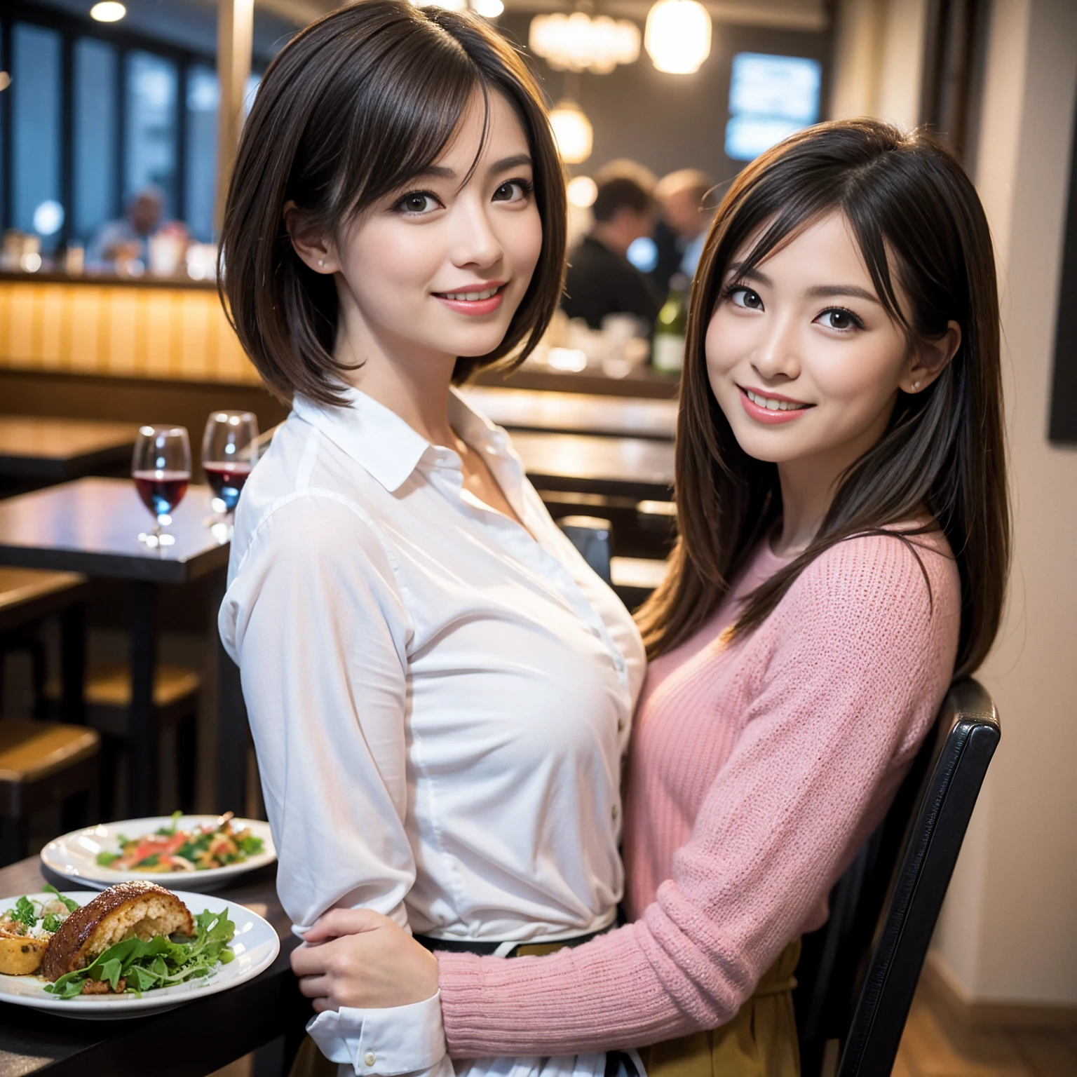 ((Highest quality、8K、masterpiece:1.3))、Yuuko Araki、slimカップル、Pink rubber、modelカップル、(Realistic, Intricate details:1.2), full-course dinner、Wine Party、Amazing view of the sunset sky and clouds、A bright smile、The wonderfulness of smile、Bright image、The beauty of wine, Beautiful Face, blue eyes, The light shines on your face, Blushing, short hair,Bright Face、 (Age 37), 39 years old, red wine 、Appetizers、Italian food、Wine bottle、Champagne、sparkling wine、Two beauties、Brown Hair、Shortcuts、Long sleeve shirt、dress、Beautiful woman 1, (slimな顔), (The body is slim), (Brown Hair), (Shortcuts), cheeks turn a little red,Attractive beauty、restaurant, In a prominent place (From the waist up) Nova Frog Style, actress, model, Upper Body, White wine, slim, wine glass, 中央に置かれたwine glass, smile, (smile: 1.15), Beautiful fine grain, Depth f/2,saturation, High Contrast, Strong light and shadow,Moist Body:1.5、3D texture、Delicate eyes、Brown Hair、The hair is very shiny、