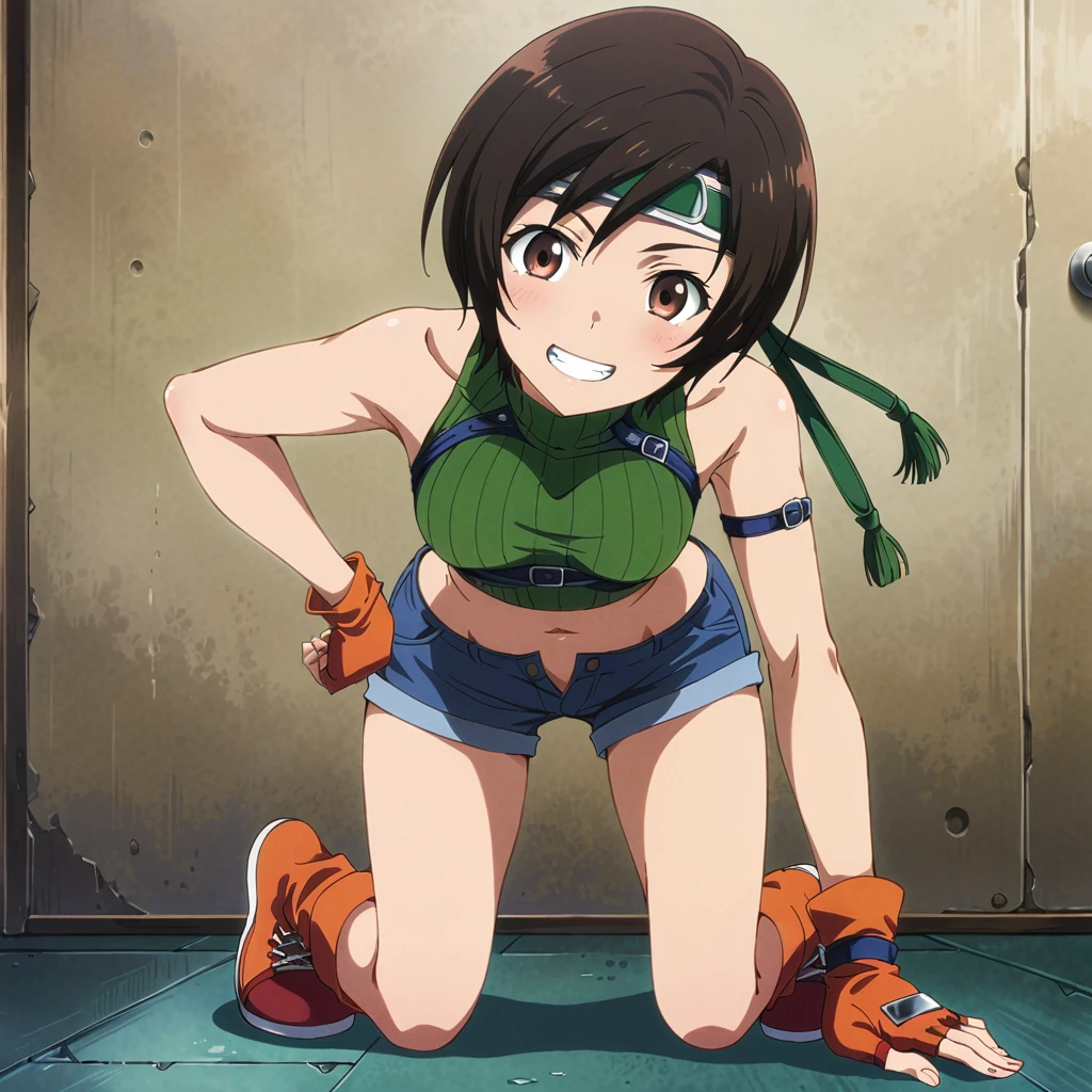 score_9, score_8_up, score_7_up,,BREAK source_anime,full body,from behind,,bent over,all fours,straight-on,,,1girl, yuffie kisaragi, final fantasy, short hair,headband,navel,sleeveless,turtleneck,brown eyes,sleeveless turtleneck,solo,breasts,,smile,gloves,crop top,brown hair,shorts,midriff,,sweater,open fly,fingerless gloves,ribbed sweater,medium breasts,yufi_kisaragi,grin, (best quality),(aesthetic,very aesthetic),masterpiece, highres, (anime screenshot:0.5),