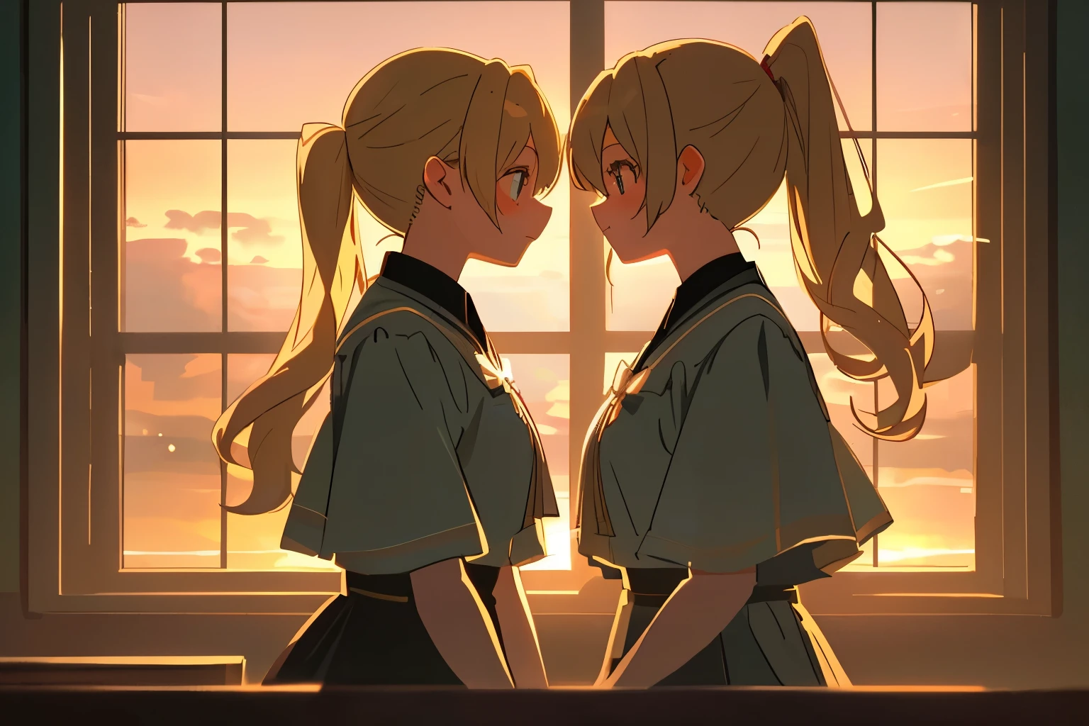 2 girls, twin girls staring at each other, from side, both blonde long pony tail, blue eyes, happy, (masterpiece), ((best quality)), (super detailed), (beautiful eyes beautiful details eyes, Clean and delicate face), sunset, window, cinematic lighting