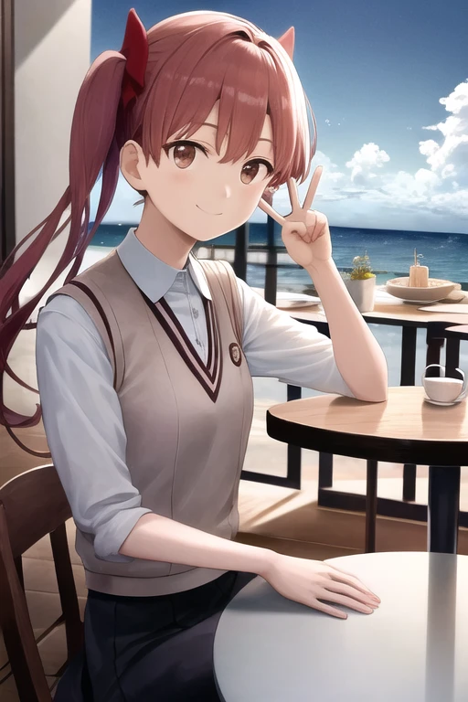 Double tail, shirai kuroko, Regular table , In a cafe with a sea view, Gentle smile, Peace Sign, masterpiece, best quality, very aesthetic, absurd, 