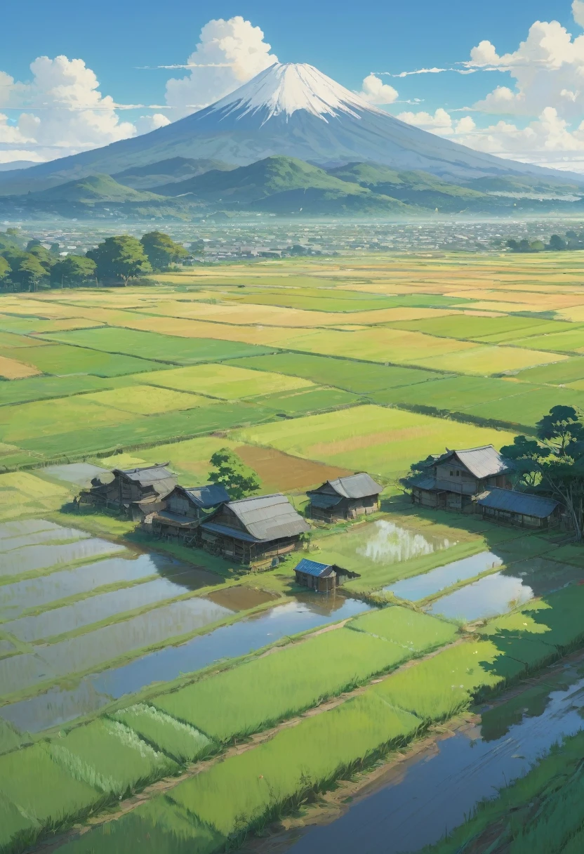 Paddy field, The style of Makoto Shinkai and Makoto Niitsu, Highest quality, masterpiece, Representative works, Official Art, Professional, Super intricate details, 8K、Fuji Mountain